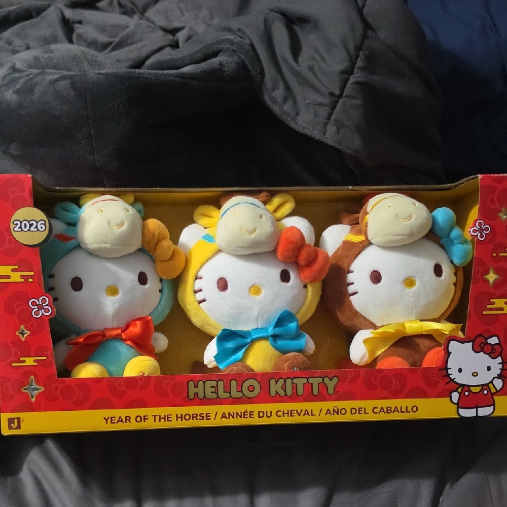 2026 Hello Kitty Year Of The Horse Plush Trio in Teal, Yellow, and Brown